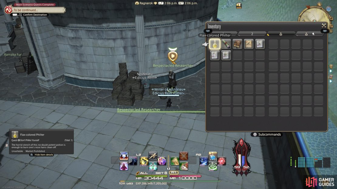 Head to (X: 22.1, Y: 34.3) to find a bespectacled researcher, then use the Flax-Colored Philte