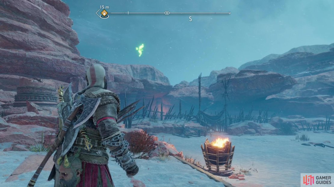 South of Sindri’s shop you’ll find one of Odin’s Ravens flying around in a figure-eight pattern.