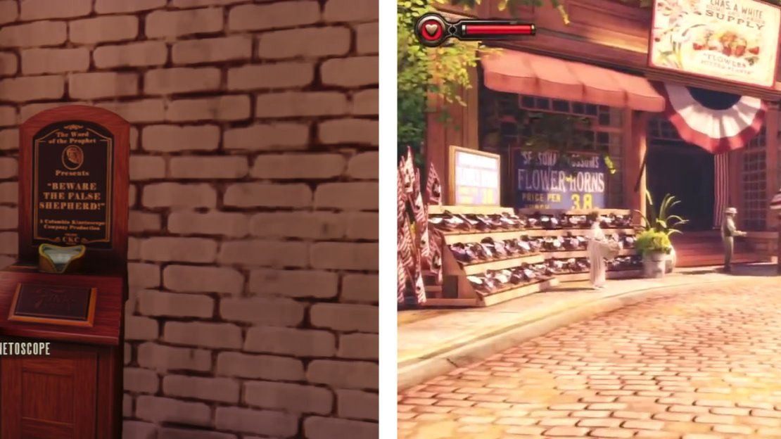 There is a Kinetoscope by the grocery store (left). Follow the path on the right (right) to find a Voxophone at the end.