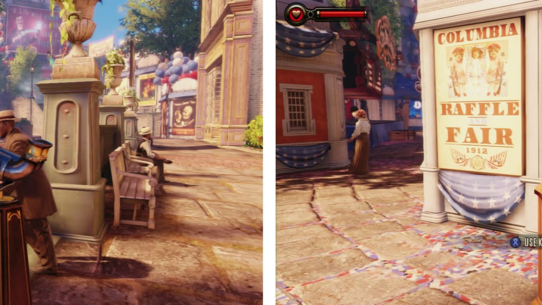 After receiving the telegram, look left to find a telescope (left). The next kinetoscope is nearby, at the entrance to the fair (right).