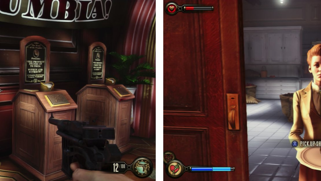 At the start of the level, check out the three kinetoscopes (left). Grab the infusion upgrade from the woman (right) to continue.