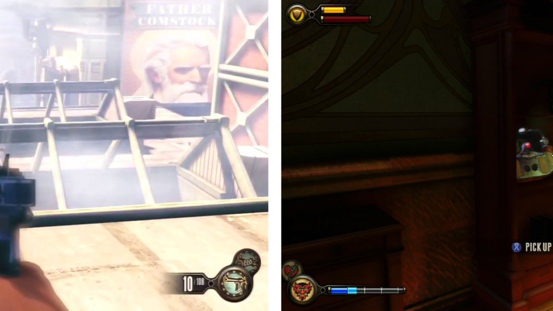 Drop down through the sky lights (left) and find the Voxophone in a downstairs room (right).