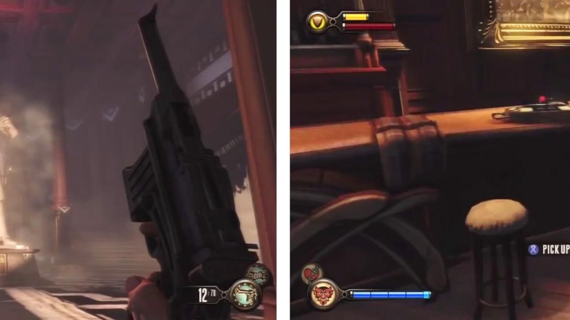 From the large statue, enter the left room to find a Voxophone on a bar (right).