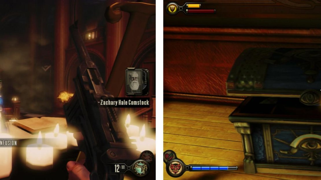 Grab the key from the altar (left), then backtrack tot he blue chest and open it for an Infusion Upgrade (right).