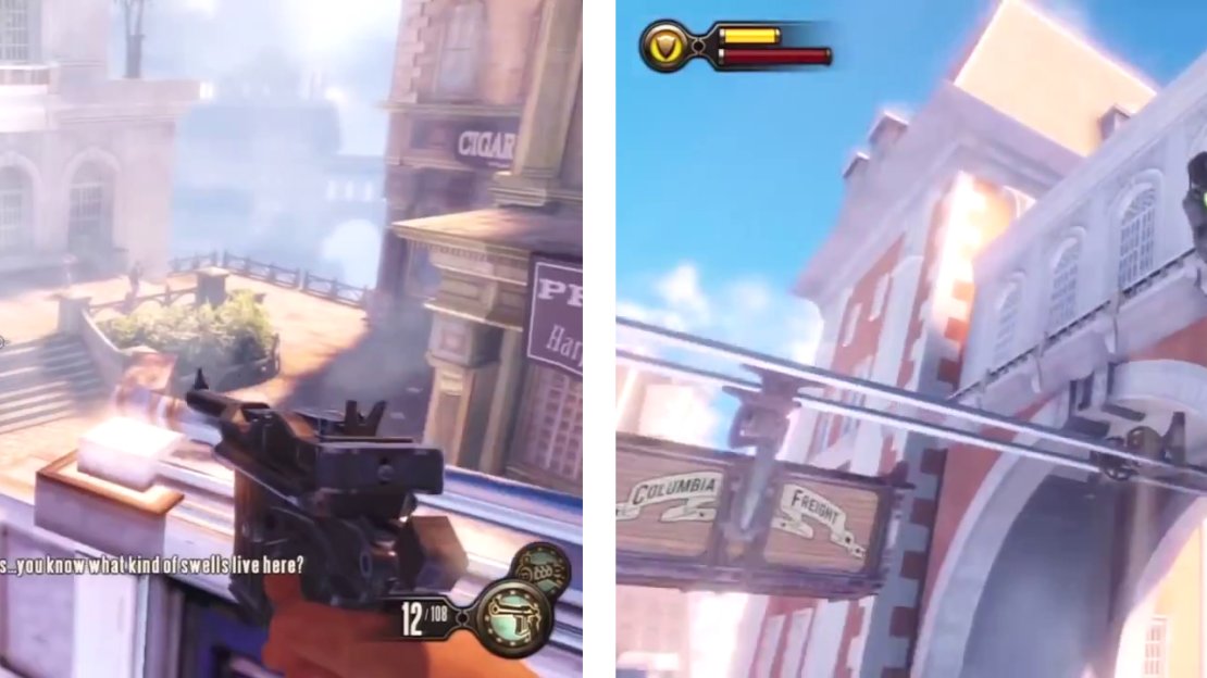 Clear the area (left). Then use the hook (right) to reach a balcony. Enter the door to find a piece of Gear inside.