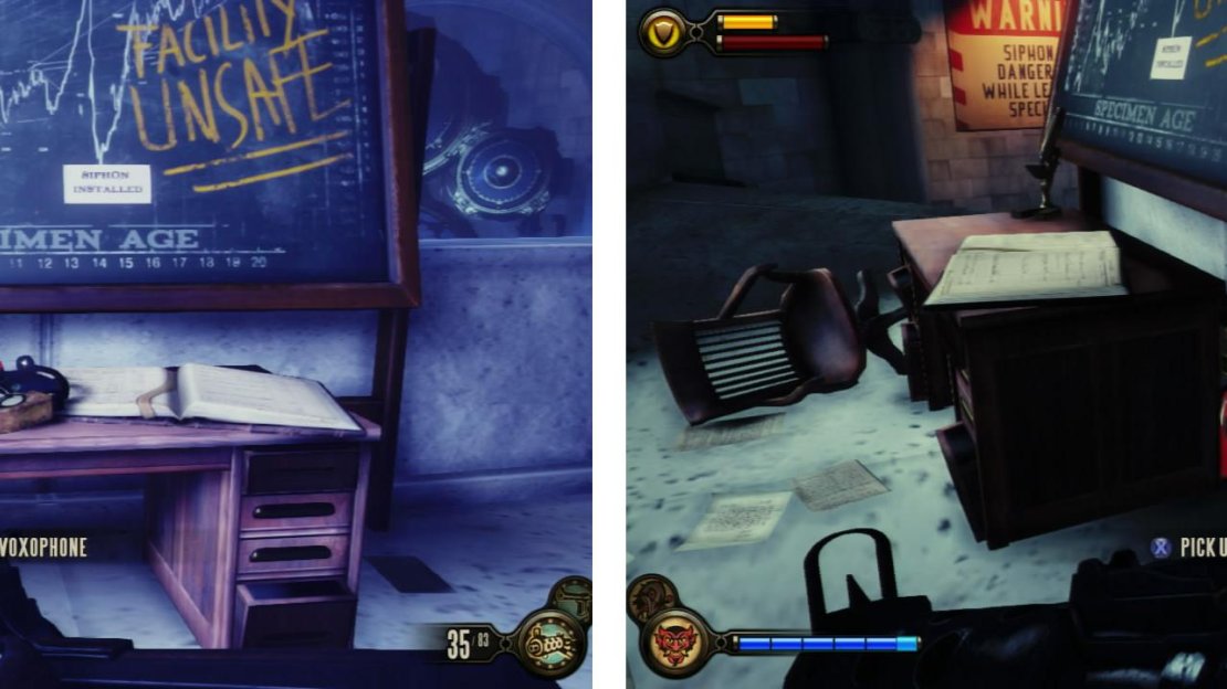 You’ll find a Voxophone on the desk (left). Behind the desk you’ll find an Infusion Upgrade (right).
