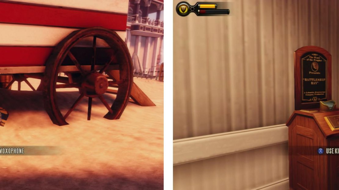 Look beneath the shed for a Voxophone (left). Before exiting the first building, grab the Kinetoscope (right).
