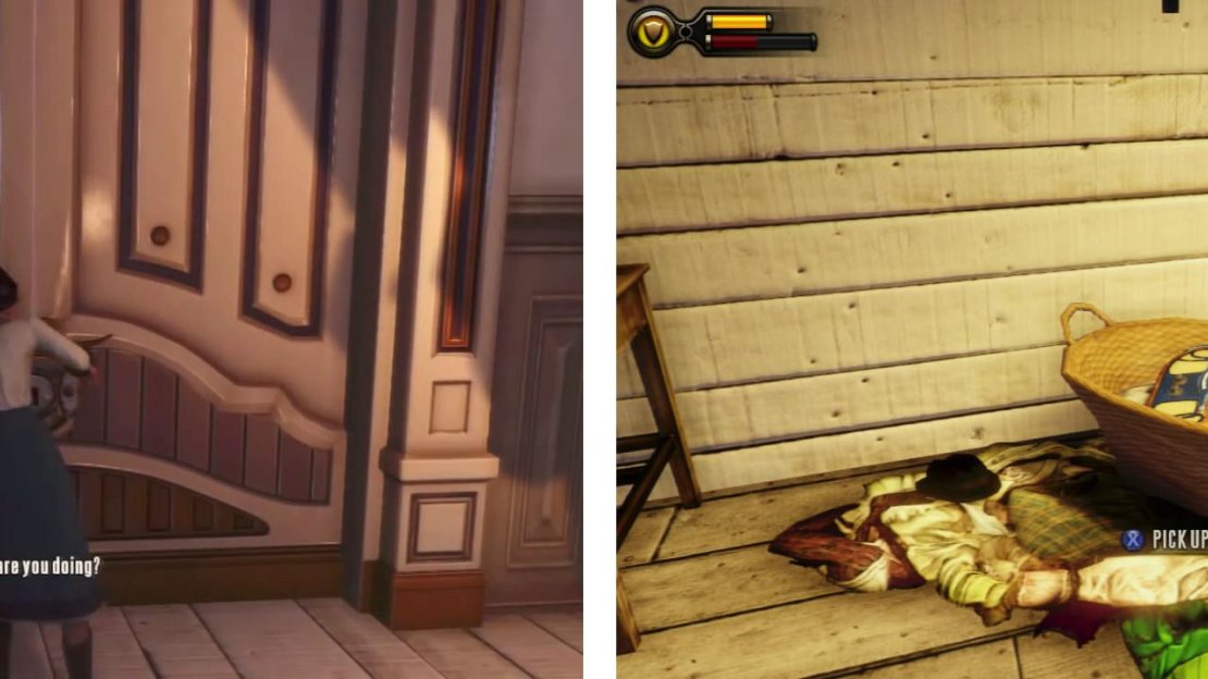 Have Elizabeth pick the lock (left). Go through the door at the end of the hall of a piece of gear and a Voxophone (right).