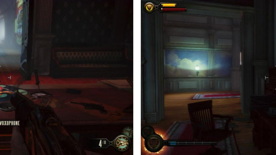 After the ambush, check out the room at top of the stairs for a Voxophone (left) and enter the ticket office for an Infusion Upgrade (right).