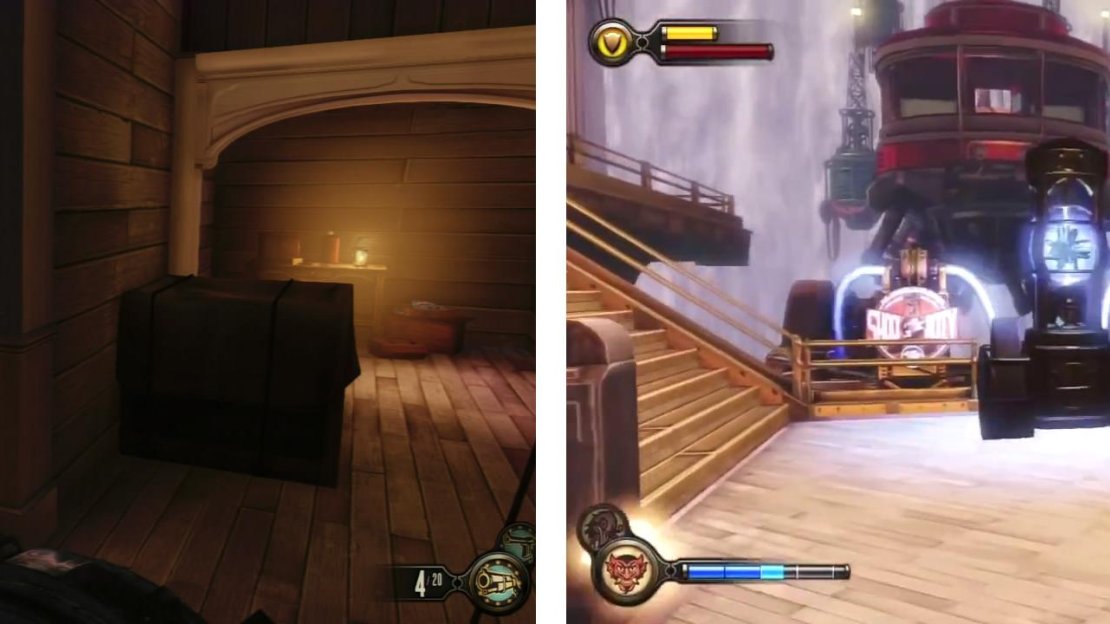 Climb down the stairs to find the final Voxophone (left). Then exit to find the gondola (right).