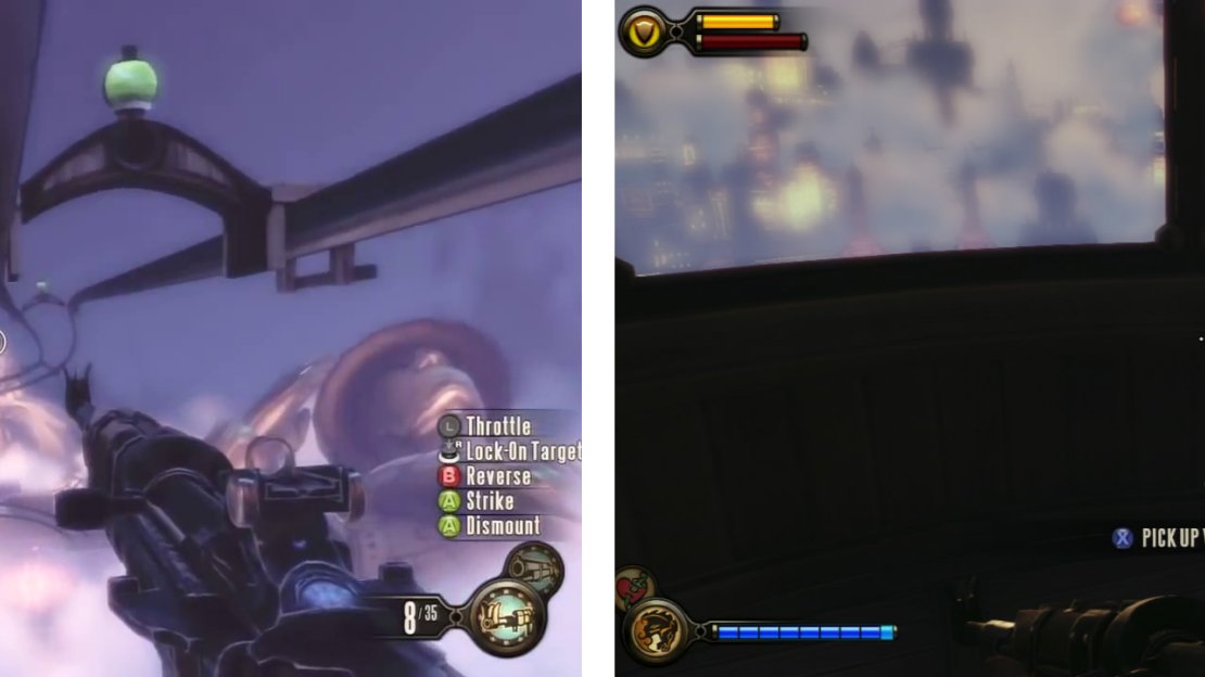 Take the skyline up to the Hall of Heroes Plaza (left) and when you arrive, look in the gondola for a Voxophone (right).