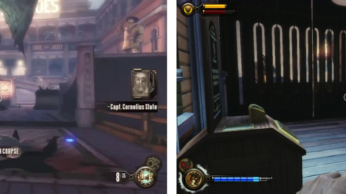 Fight your way across the plaza (left) and before going inside, grab the nearby Kinetoscope (right).