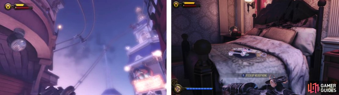 Use the skylines (left) to access the balcony of the central building, use shock jockey on the conduit and inside you&rsquo;ll find a Voxophone (right).