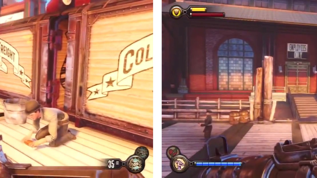 Work your way across the docks and enter the door marked ‘Employees Only’ (right) to find a piece of Gear.