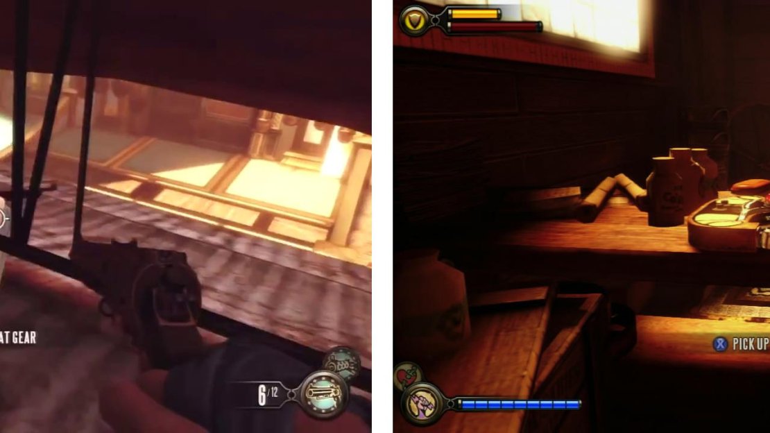 On the roof of the main building behind a sign is some Gear (left). Inside the main building, you’ll find a Voxophone on a table (right).