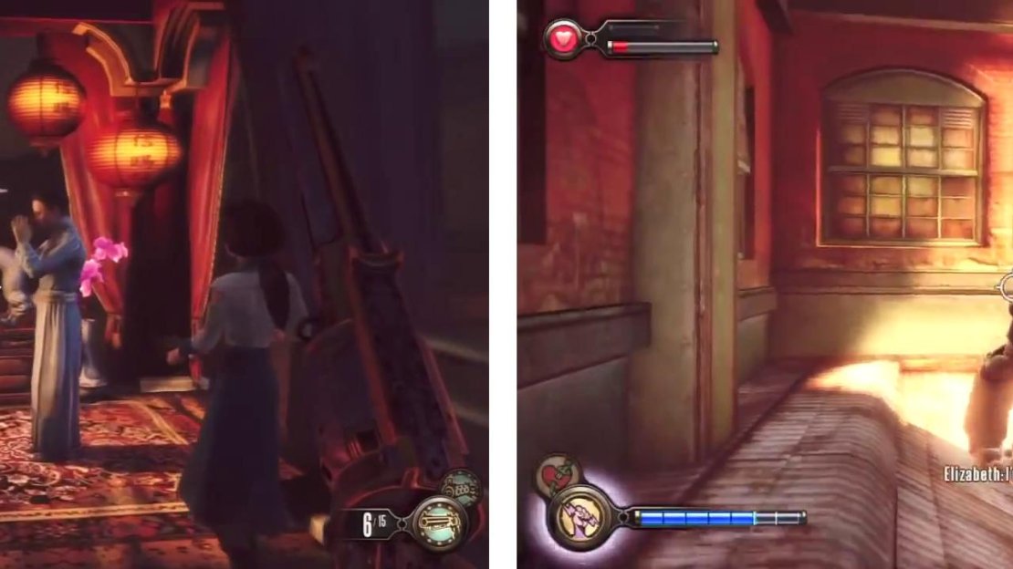 After speaking with the woman in the Gunsmith’s Shop (left), exit to face the Handyman (right).