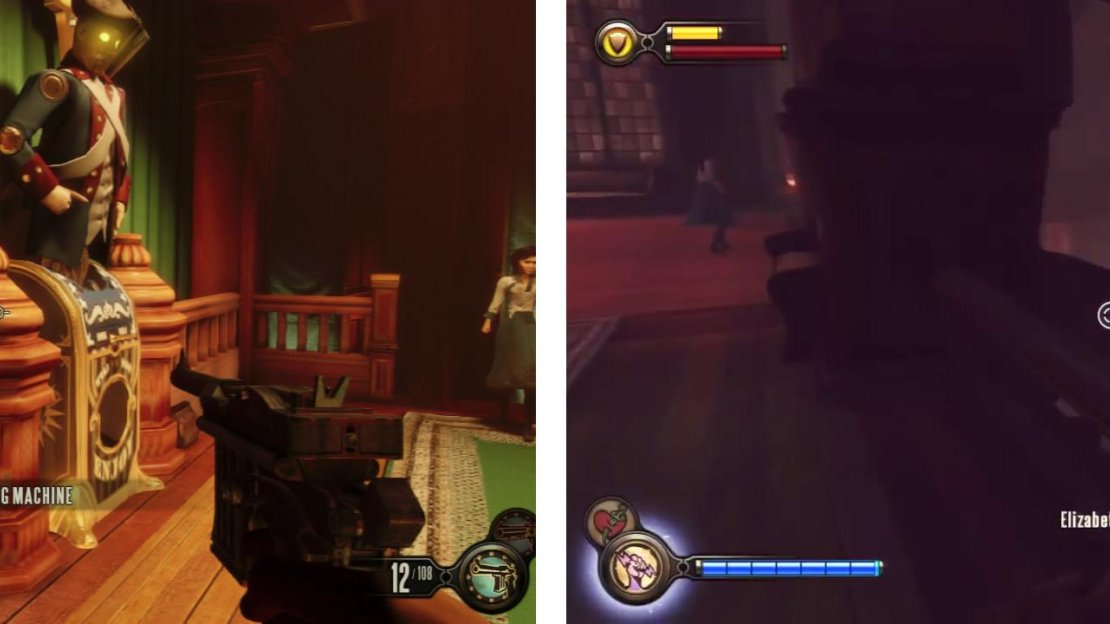 Grab the Kinetoscope next to the vending machine (left) and then enter the room with the stage in the centre to progress (right).