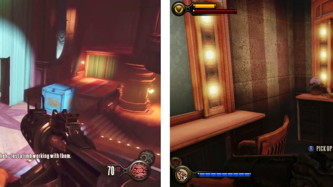 Enter the stage (left) to find a Voxophone (right) in the dressing room.