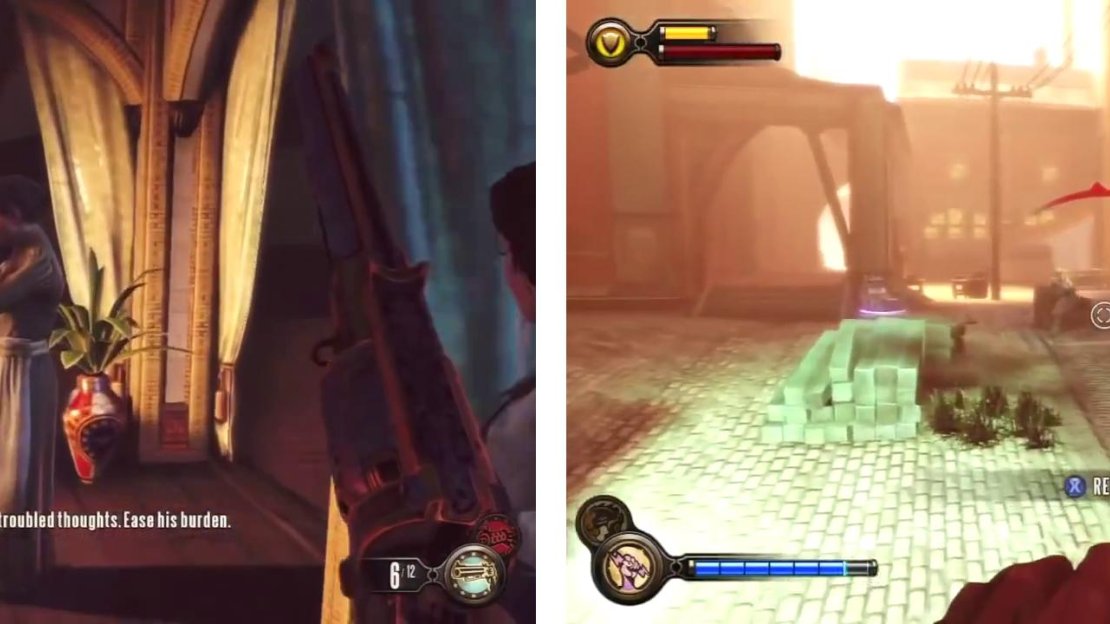 After talking with the woman in the Gunsmith Shop (left), return outside and kill the soldiers (right).