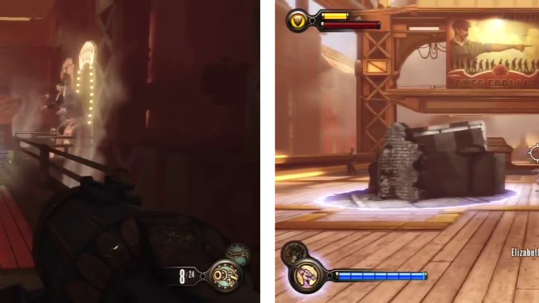 Use the switches to move the crates (left) and then fight your way across the bridge to Shantytown (right).