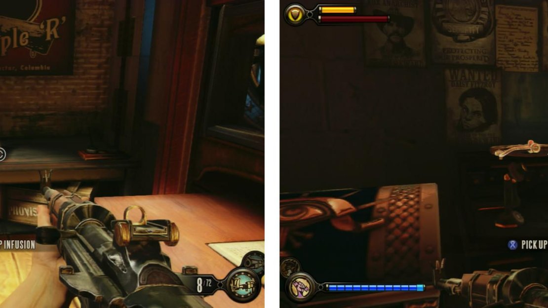 Upstairs, look in the left room for an Infusion Upgrade and piece of Gear (left). The next room along has a Voxophone inside (right).