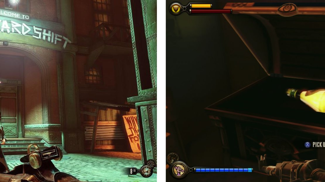 The key can be find in the basment of the Graveyard Shift Bar (left). Open the chest for a Infusion Upgrade (right).