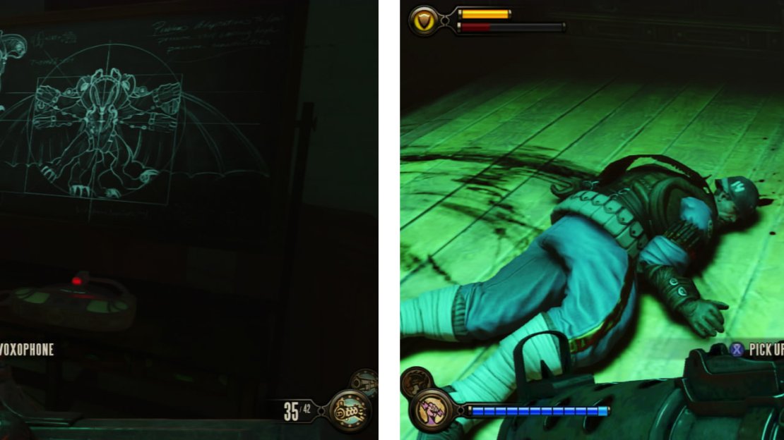 On the desk before the chalkboard is a Voxophone (left). The body before the next door holds an Undertow vigor (right).
