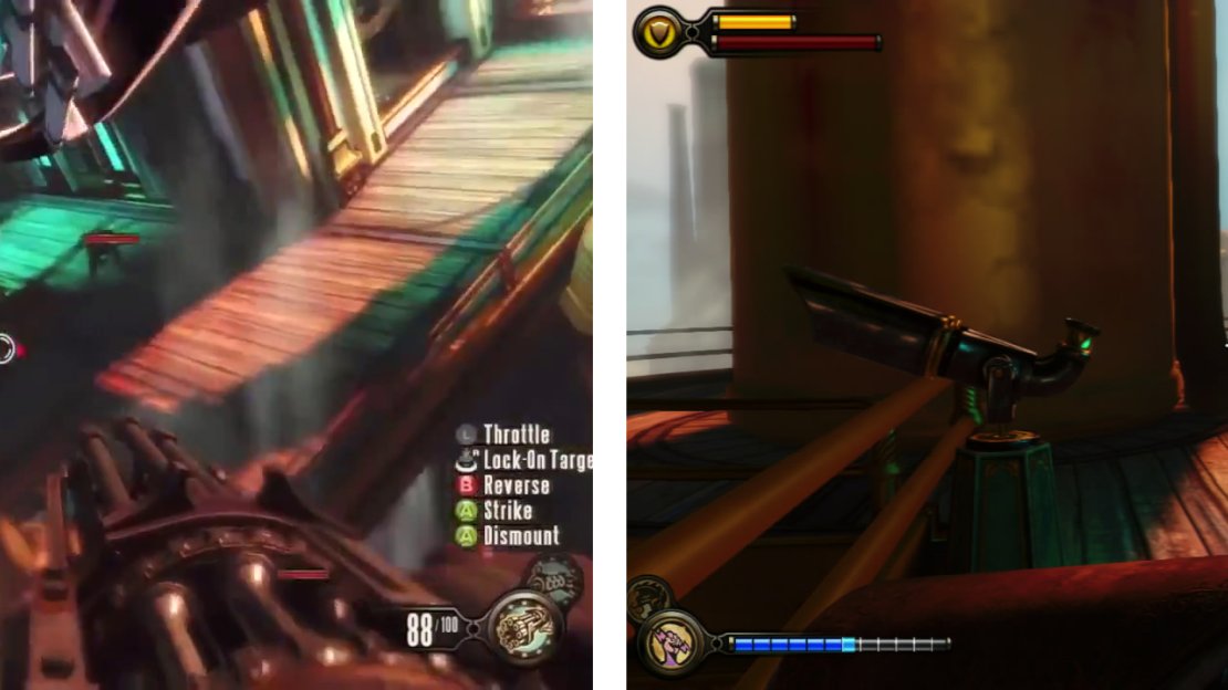Clear the area of enemies (left) and then look on the far railing from the entry for a telescope (right).