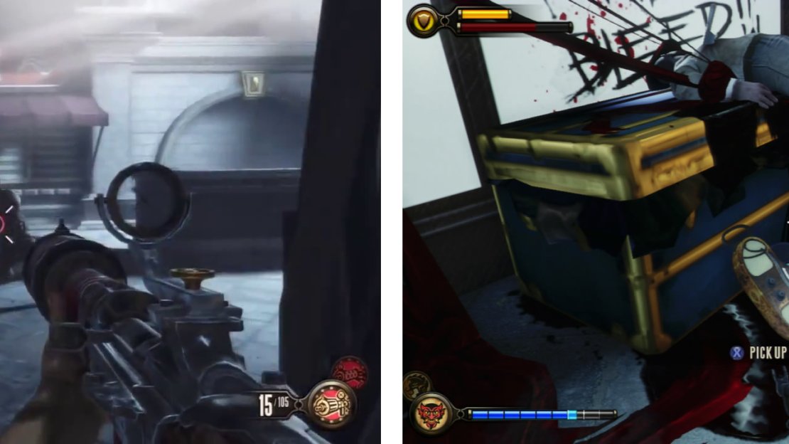 Fight your way through the station (left) until you reach the first Voxophone (right).