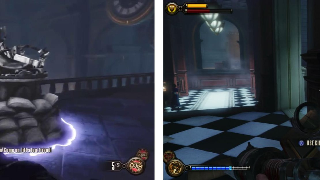 Enter the Salty Oyster (left). Inside you’ll find a Kinetoscope (right) and a piece of Gear.