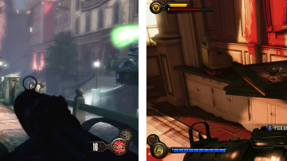 After clearing the upper street (left). Find and unlock the 3 pick door - inside you’ll find a Voxophone (right) and a piece of Gear.