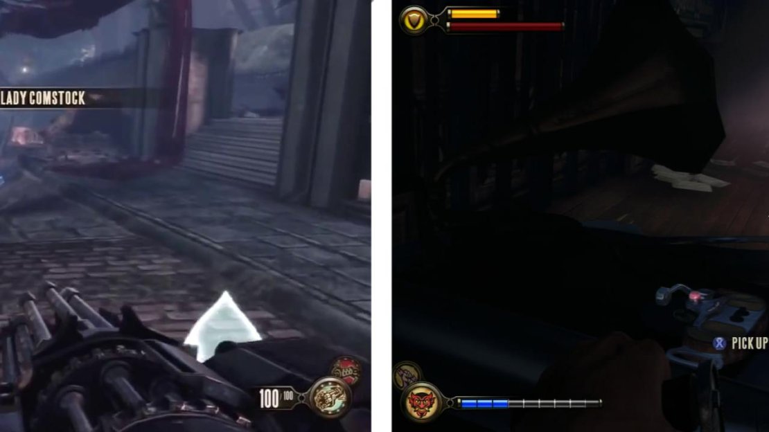 Follow the crumbling path (left) and enter the floating building on the left for a Voxophone (right).