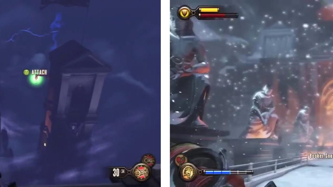 Use the hooks to descend from the tower (left) and follow the bridge to the far side (right).