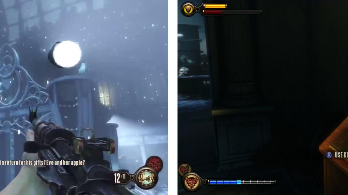 Destroy the turrets at the top of the stairs (left) and clear out any additional enemies. Climb the stairs and turn left to find a Kinetoscope (right).