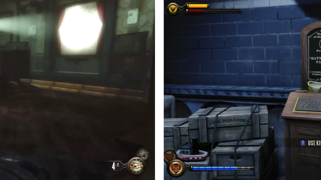 Go through the broken window (left) and follow the path to the left to find a Kinetoscope (right).