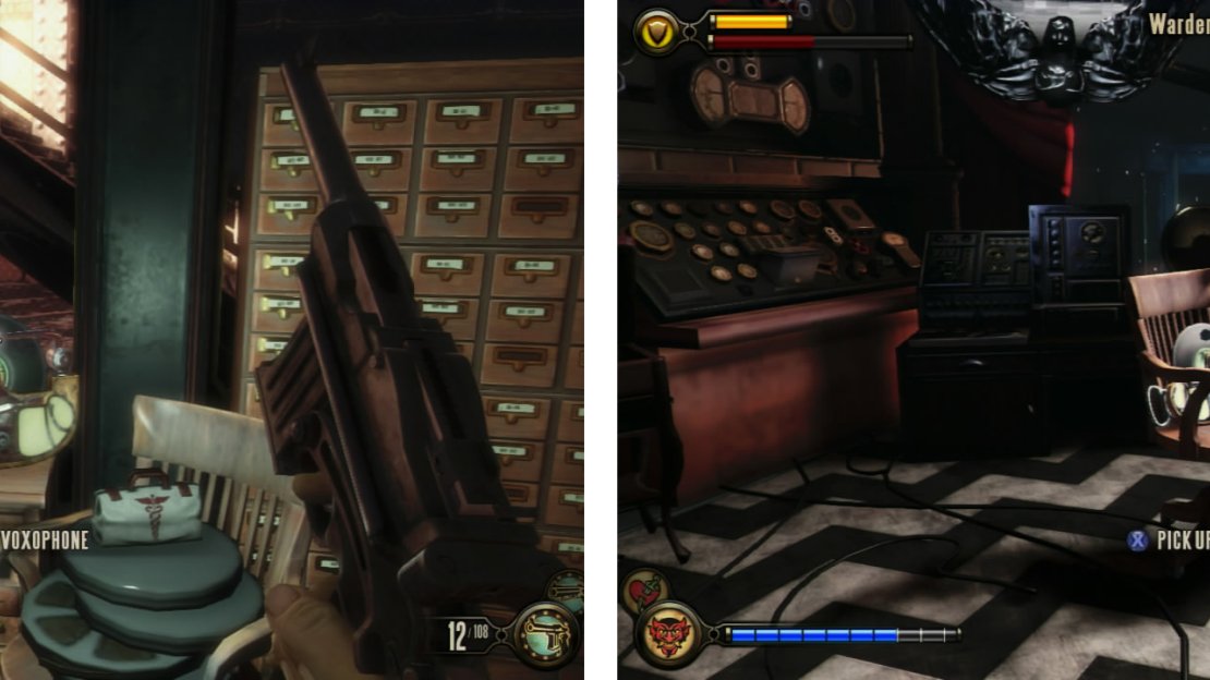 There is a Voxophone on a desk with a projector (left). Upstairs, there is another in the control room (right).