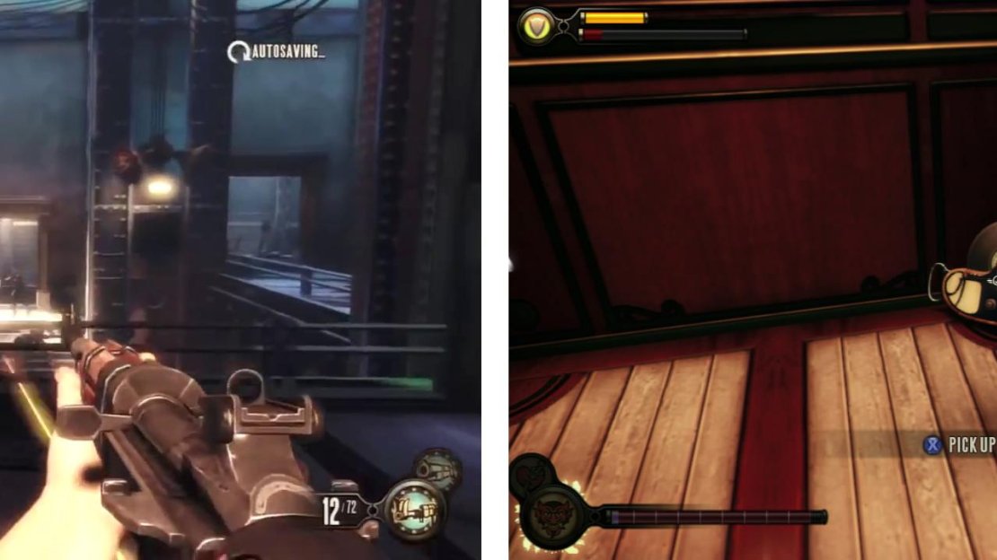 Fight your way down to the elevator (left). When you arrive, grab the Voxophone inside (right).