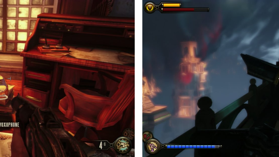 The Voxophone is inside the building at the far end of the bridge (left). The Telescope is nearby, where enemies were dropped off earlier (right).
