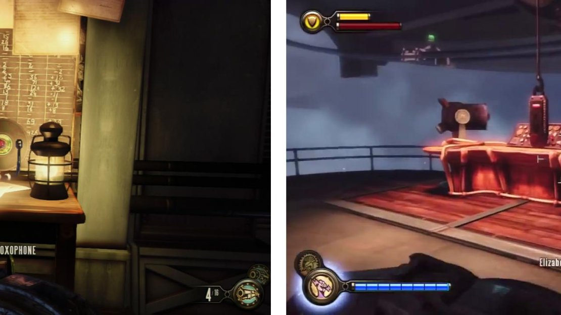 Have Elizabeth open the door to find a Voxophone inside (left). Then go hit the button to clear the skyline (right).