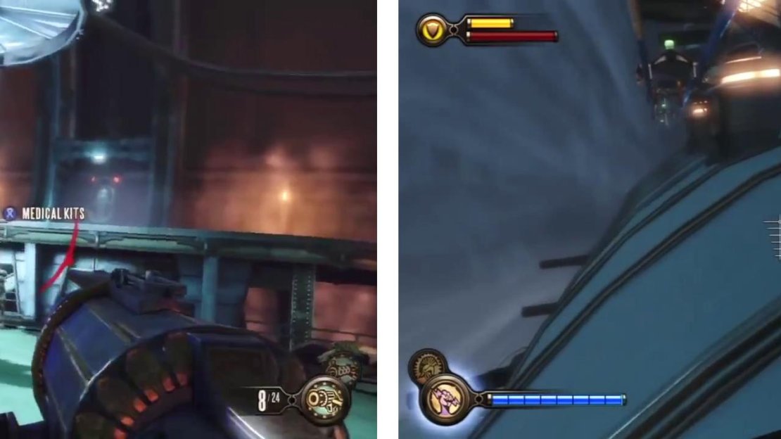 Defeat the Handyman and the other enemies (left) before riding the skyline up to the next deck (right).