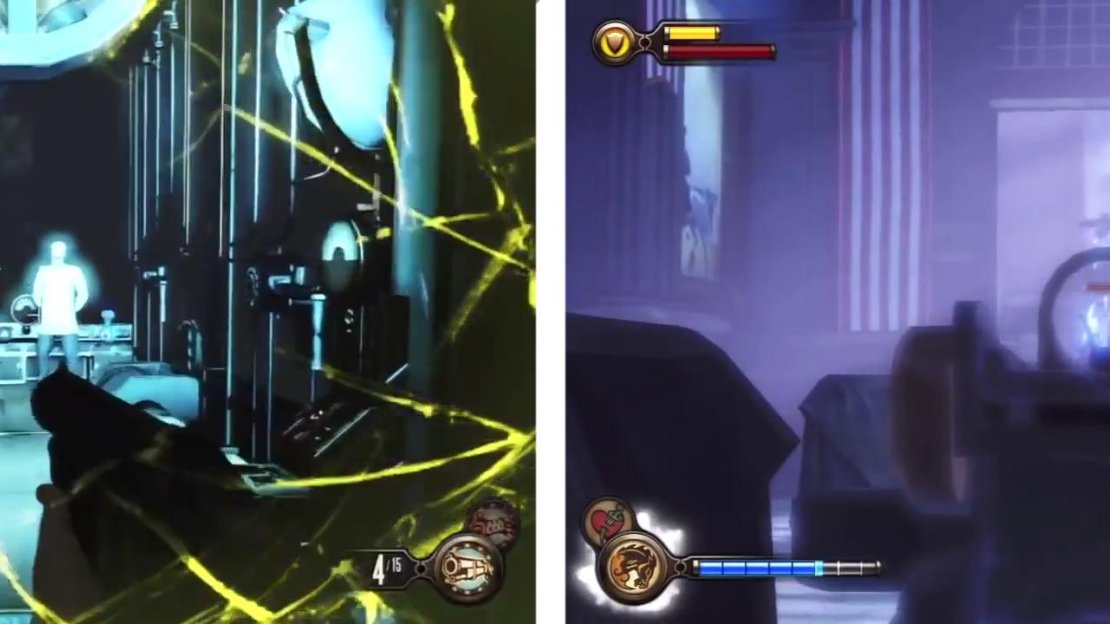 When you take enough damage, your shield will break (left), stay out of harm and it will recharge! Use iron sights (right) to improve accuracy.
