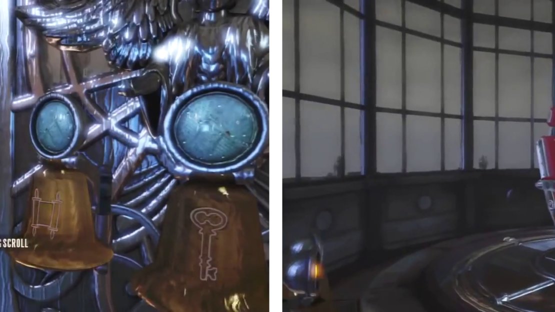 Interact with the bells as the card tells you, and hop into the chair inside!
