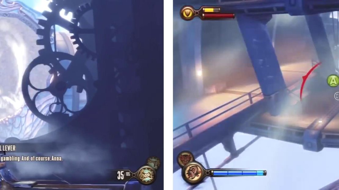 Take the lift to the top of the tower (left) and then jump over to the zeppelin (right).