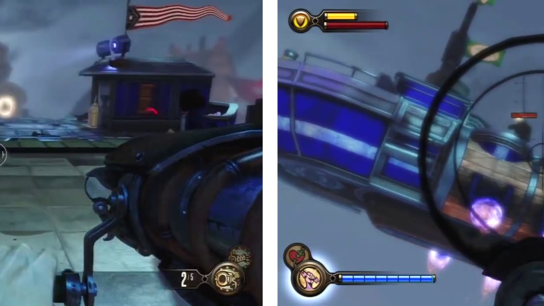 Hop onto the dropship (left) and fend off the gunships that come to attack you (right) on the way to the Zeppelin.
