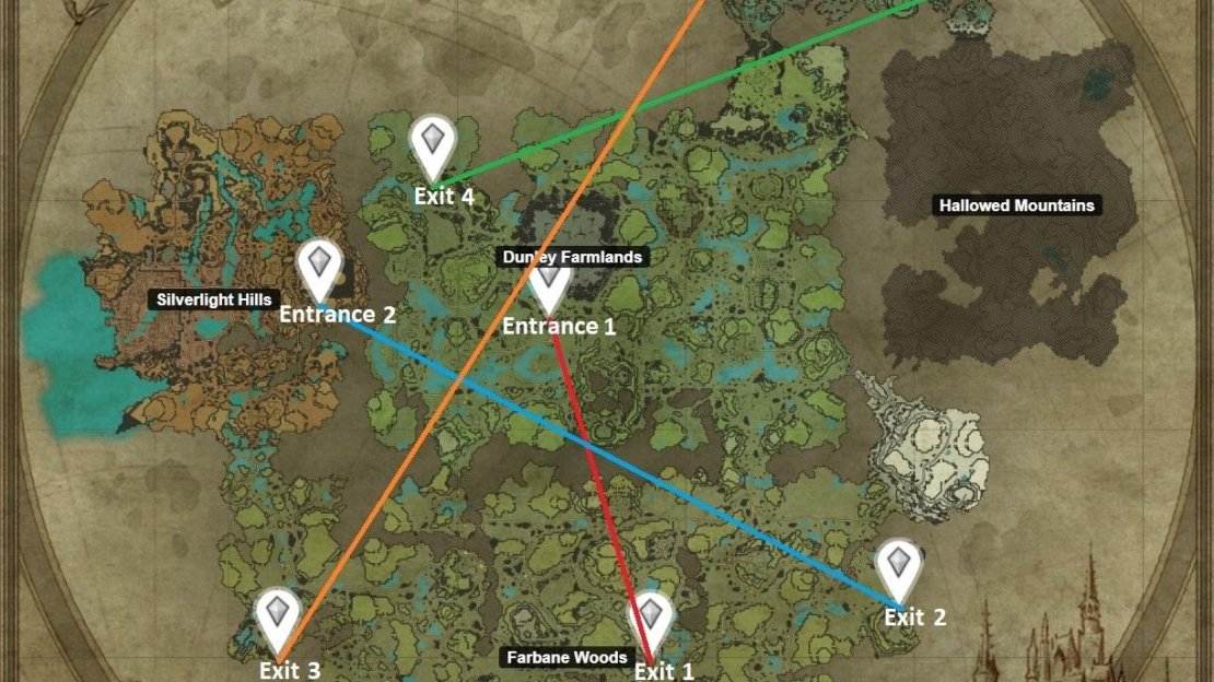 This map shows where specific Cavepassage Entrances lead to their corresponding Exits.