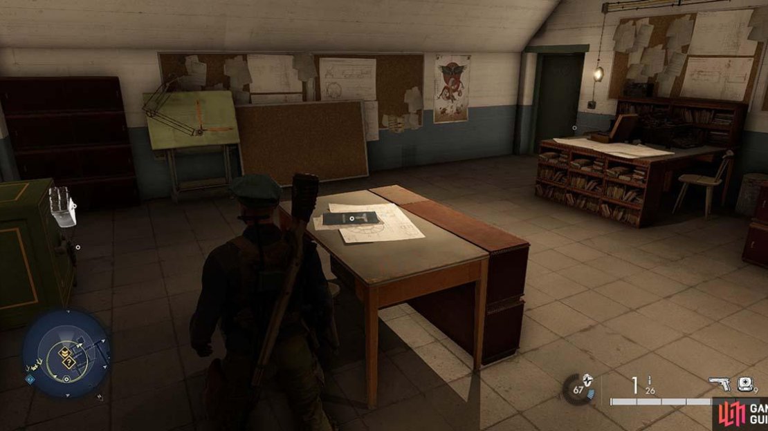 The document can be found on this table inside the bunker.