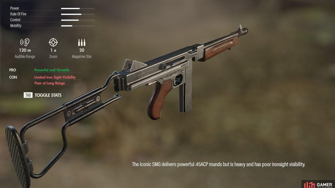 The iconic M1A1 is one of the starter SMGs in Sniper Elite 5.