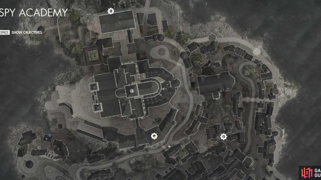 The location of all three workbenches in Mission 3: Spy Academy.