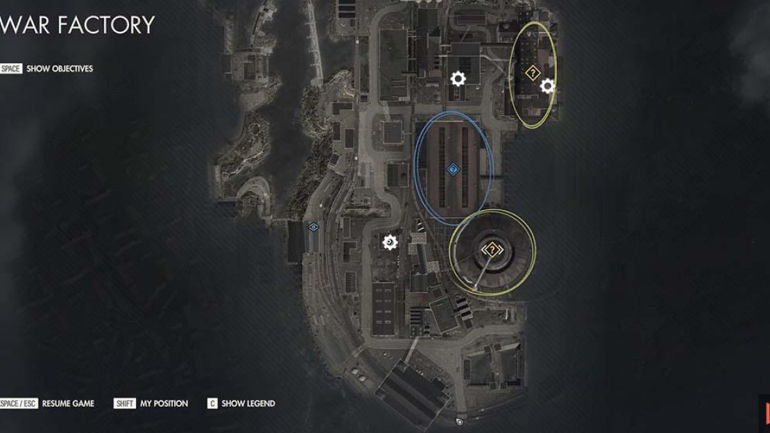 The location of all three workbenches on the War Factory level.