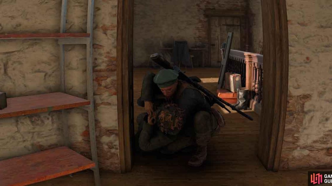 You’ll find the sniper in the tower, which you can enter via the window outside or up the stairs inside the building.